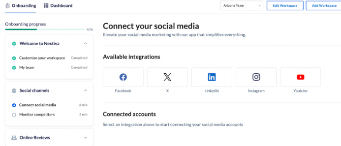Nextiva’s onboarding interface with connected social channels and integration options.