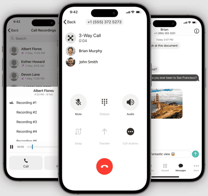 Ooma Office mobile app showing call recordings, 3-way call interface, and text chat.