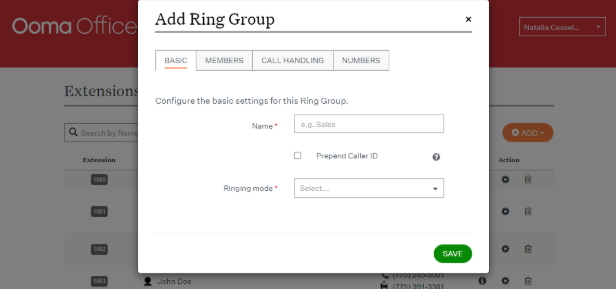 Ooma Office interface for setting up ring groups, including call handling and members tabs.