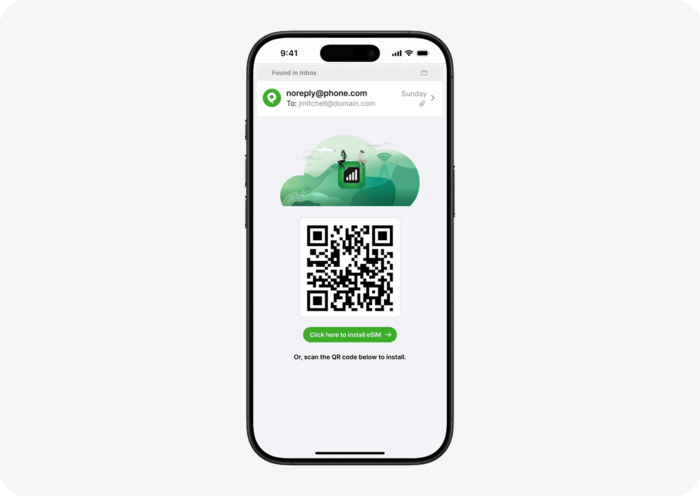 Phone.com email with QR code for ProSIM eSIM setup.