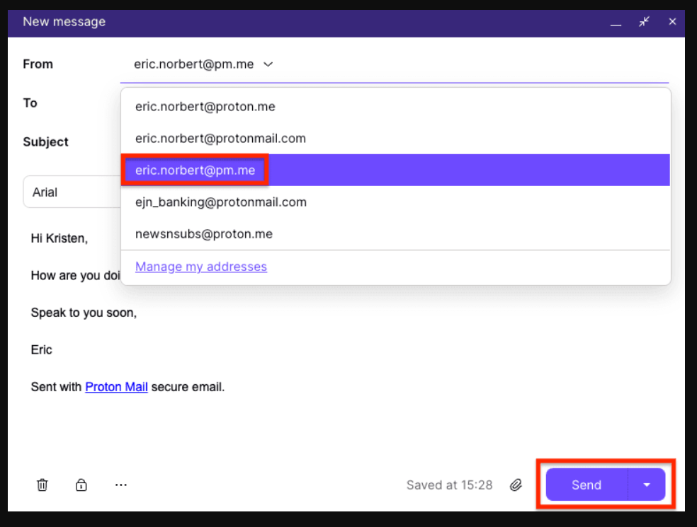 Proton Mail email message highlighting how to send an email from a specific email address and domain.