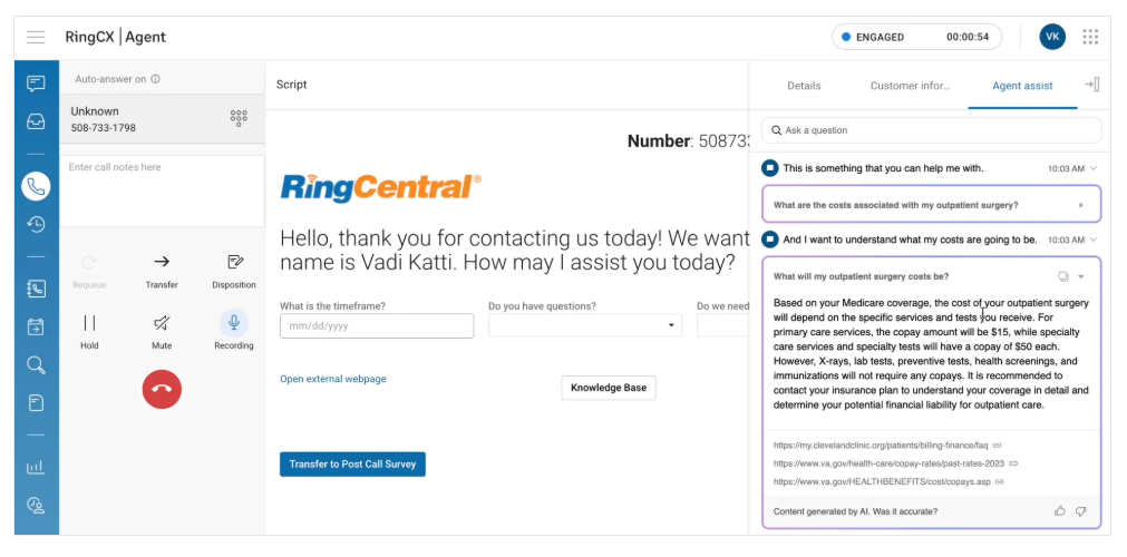 RingCX agent dashboard with agent assist feedback on a customer call.