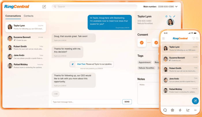 RingCentral messaging dashboard on desktop and mobile.