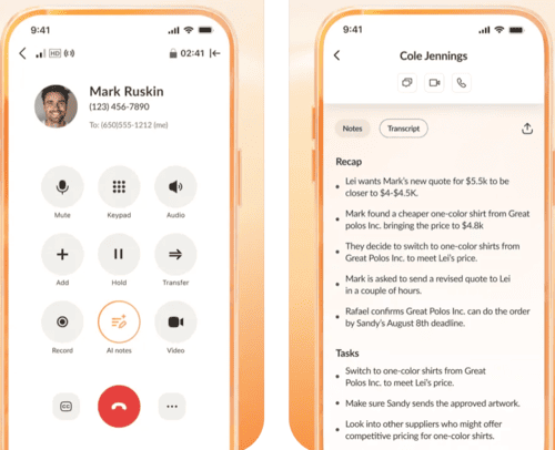RingCentral mobile app for iOS displaying a live call screen and AI-generated transcript with action items and notes.