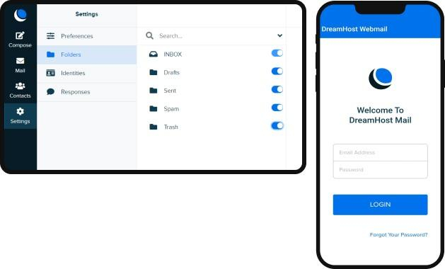 Sample interfaces of DreamHost's email inbox on desktop and mobile.