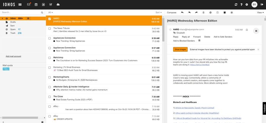 The interface of IONOS's email inbox.