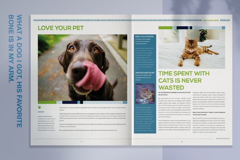 A magazine-style booklet published by a pet clinic with articles about pets.