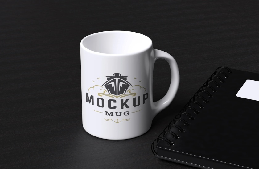 A sample customized mug with a logo.