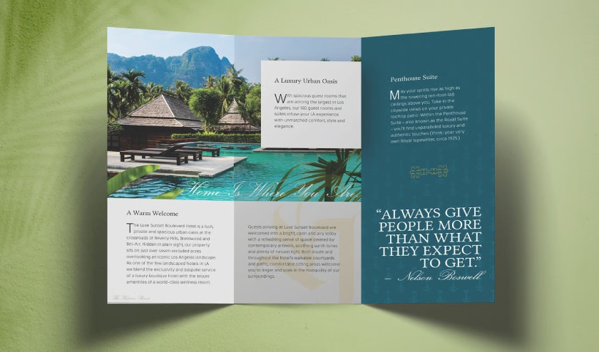 A tri-fold brochure advertising the amenities and brand story of a holiday resort.