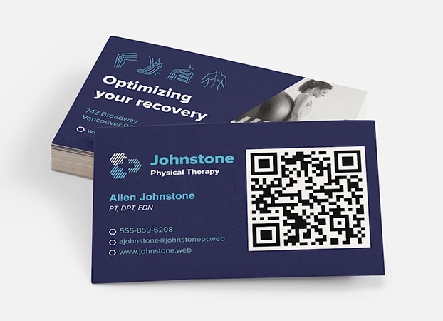 Sample business cards for a physical therapist with a QR code.