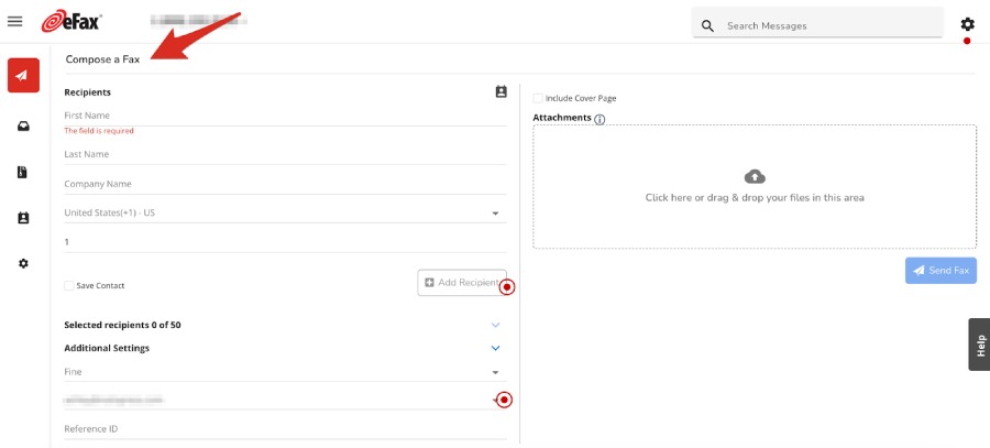 eFax compose fax screen with recipient input fields and upload section.