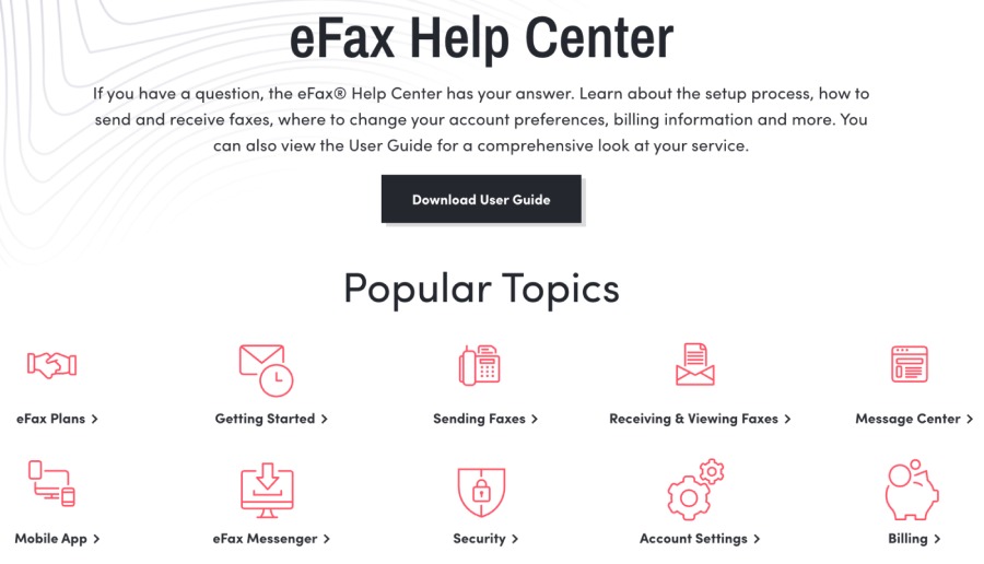 eFax Help Center interface showing popular support topics like plans, sending faxes, account settings, and billing.