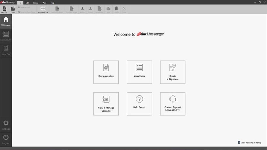 eFax Messenger welcome screen displaying options to compose a fax, view faxes, and create a signature.
