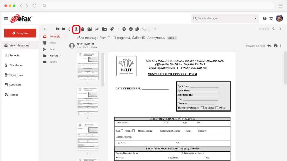 eFax online interface showing a received healthcare-related fax with options to download, delete, unread, and forward.