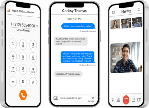 Talkroute VoIP app on iPhone with keypad dialer, chat conversation view, and active video meeting on screen.