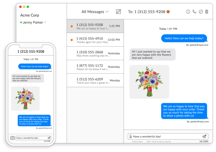 Talkroute text messaging dashboard on mobile and desktop.