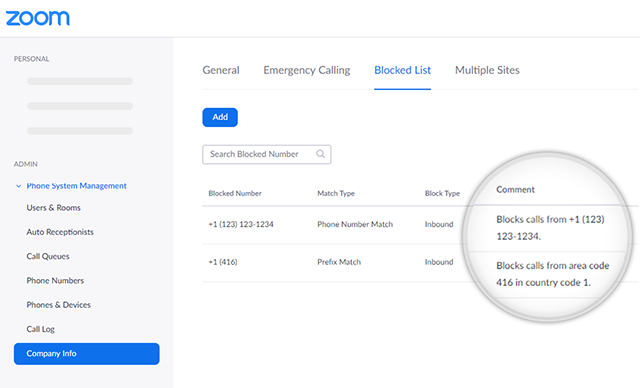 Zoom phone system management system featuring the blocked call list log.