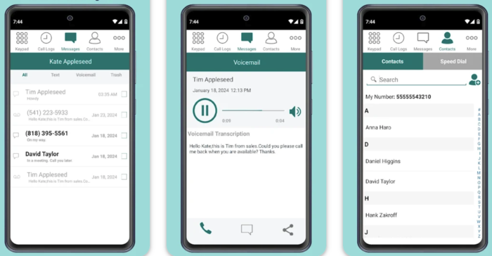 eVoice mobile app showing voicemail transcription, call logs, and contacts.