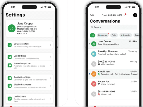 Grasshopper VoIP app interface on iPhone showing settings panel and multi-tab conversation inbox with calls, texts, and voicemail history.