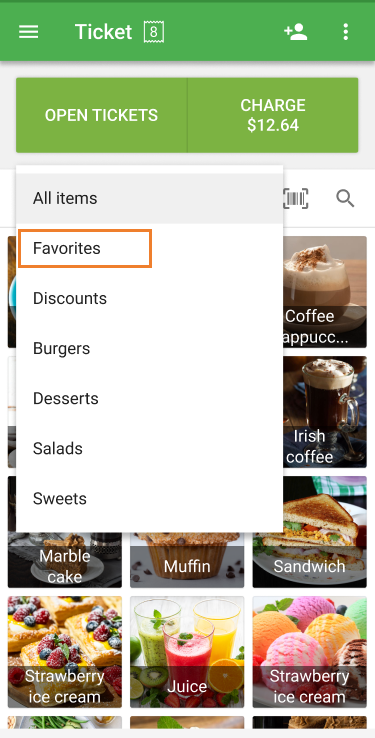 Loyverse POS Favorites section from mobile POS dashboard.