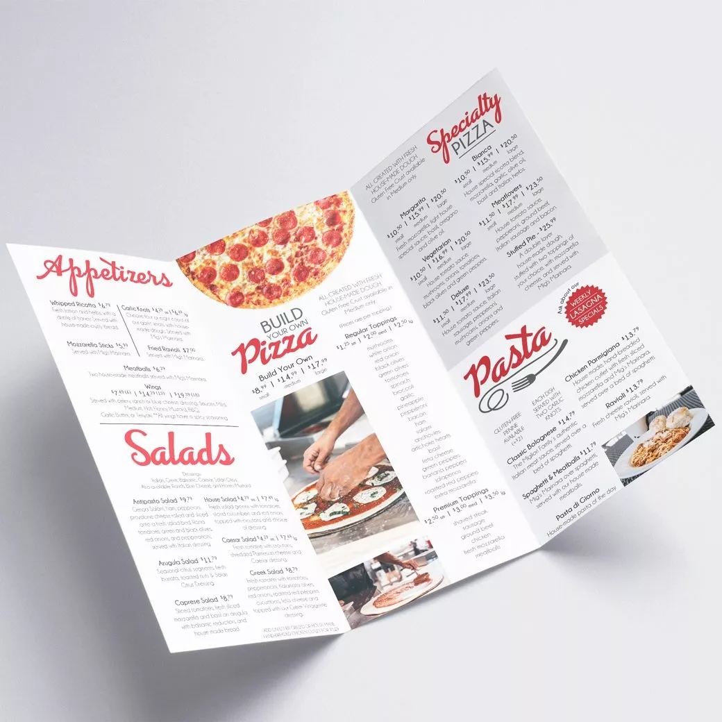 Sample brochure for a pizza restaurant by Mail Shark.
