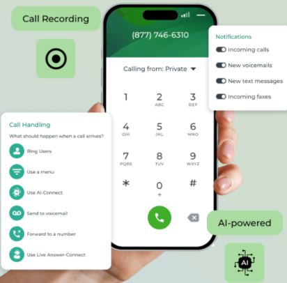 Phone.com mobile app screen showing call handling rules, call recording, and AI-powered notifications.