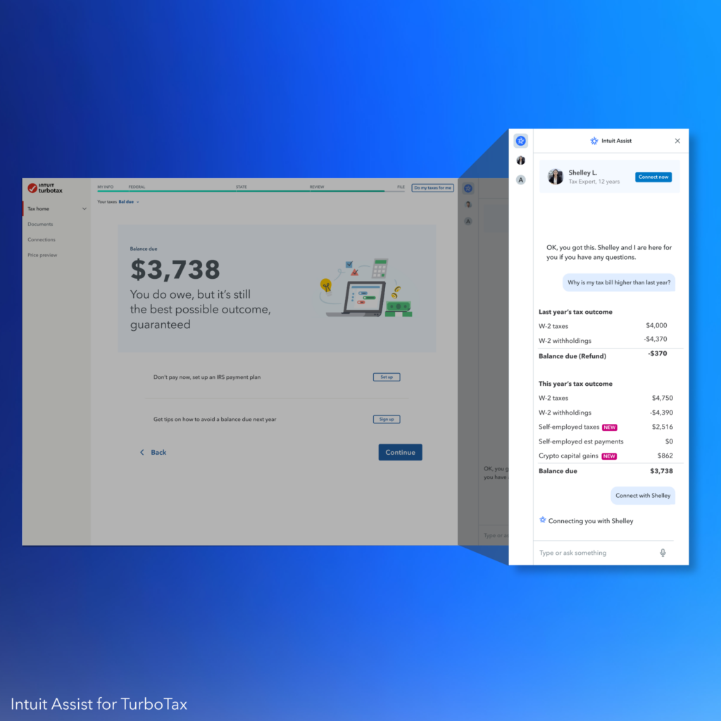 User reviews tax results and interacts with a virtual assistant and tax expert for help in TurboTax.
