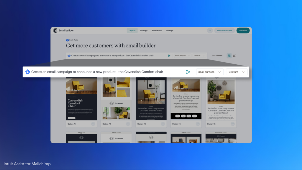 User creates an email campaign to announce the Cavendish Comfort chair using Intuit Assist in Mailchimp.