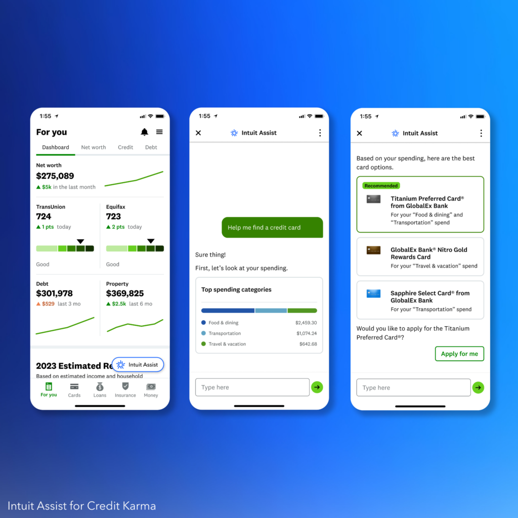 Credit Karma user asks Intuit Assist to find a credit card and receives personalized recommendations.