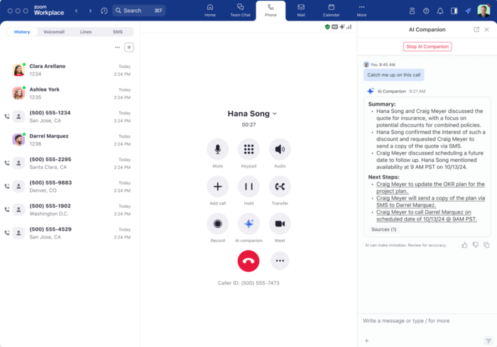 Zoom Phone call screen with AI Companion summarizing conversation notes.