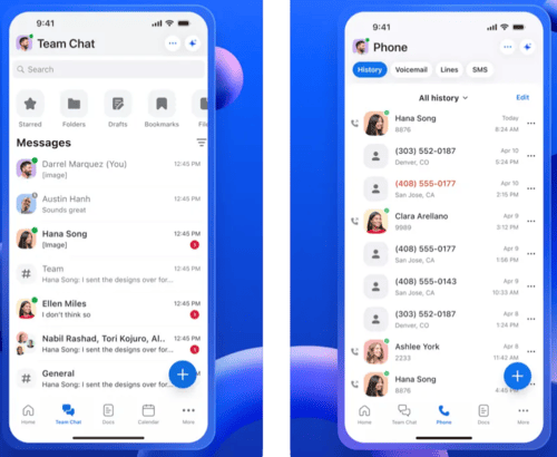 Zoom Phone app for iPhone showing team chat and call history tabs, including call logs, voicemail access, and SMS.