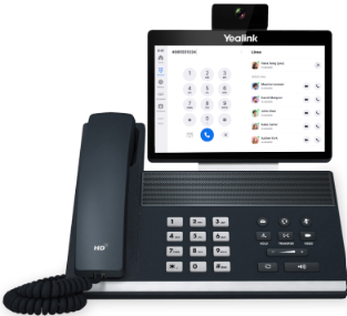 Yealink video desk phone showing Zoom Phone interface with speed dial and in-call controls.