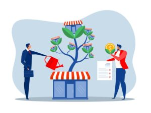 Businessman watering money tree to grow franchise business.