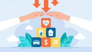 A vector graphic of an insurance policy for health, life, real estate, travel, and automotive.
