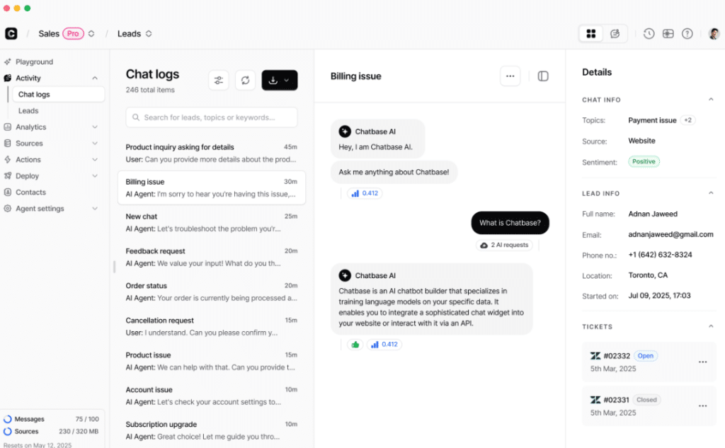 Chatbase sales dashboard with chat history on the left and a live chat conversation and customer data on the right.