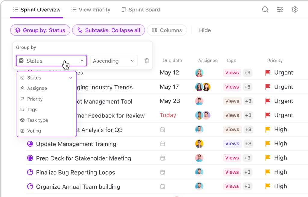 ClickUp sprint overview organized by status with clear due dates and priorities.