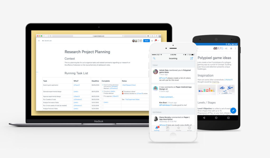 Laptop and mobile screens featuring Dropbox paper projects.