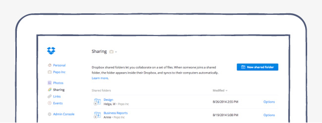 Dropbox account settings with a screen for sharing folders and links.