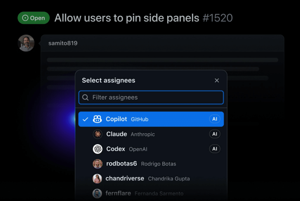 GitHub Copilot side panel with assignee options to address developer concerns.