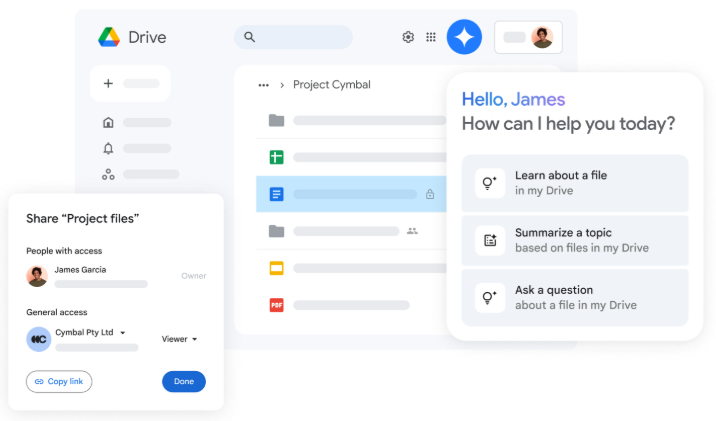 Google Workspace highlighting how to find and search folders in Drive with Gemini.