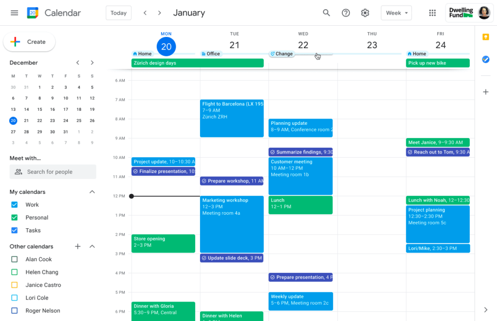 Google Calendar with weekly view and color-blocked personal and work schedule.