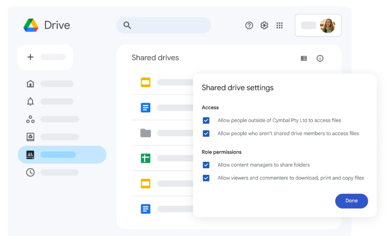 Shared Google Drive settings with role permissions and access control options.