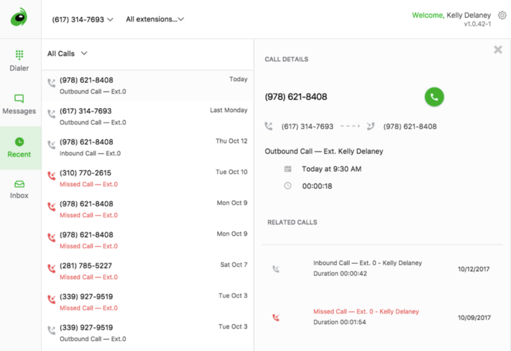Grasshopper call log interface listing inbound, outbound, and missed calls with timestamps and details.