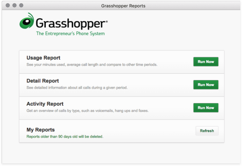 Grasshopper phone system features listing the usage, details, and activity reports.