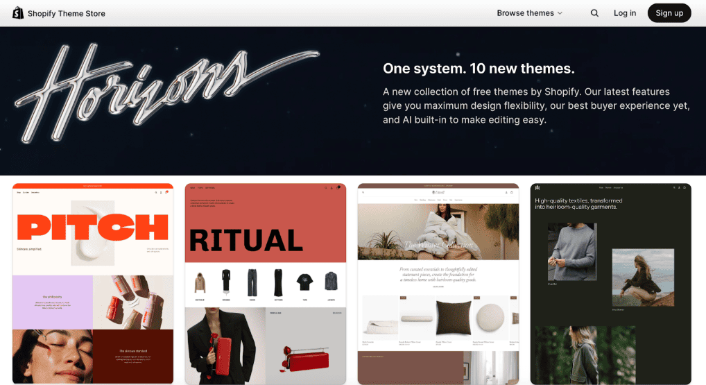 Shopify Horizons 10 new themes Pitch Ritual Dwell Heritage built-in AI website theme helpful in creating an online store