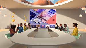 Microsoft Teams 3D immersive space with team member avatars gathered in a virtual conference room.