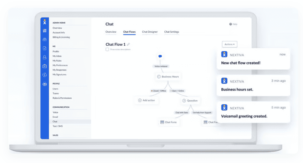 Laptop featuring the Nextiva call flow designer with voicemail greetings and actions.