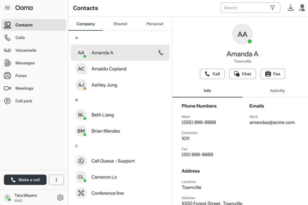 Ooma desktop interface listing company contacts with communication options and contact details.