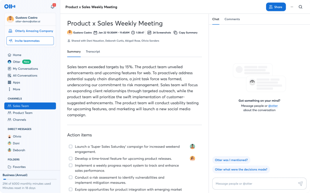 Otter.ai dashboard showing meeting notes, action items, and team chat.
