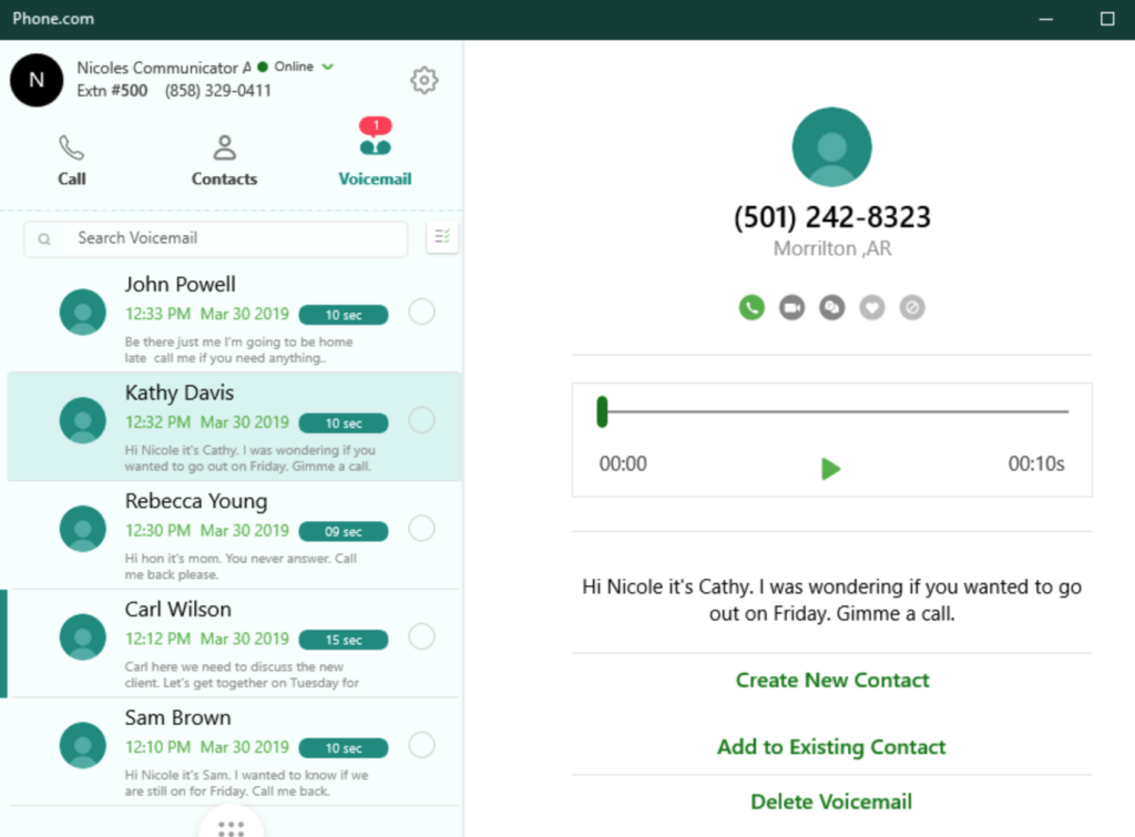 Phone.com desktop screen showing voicemail list and expanded message view with playback controls.